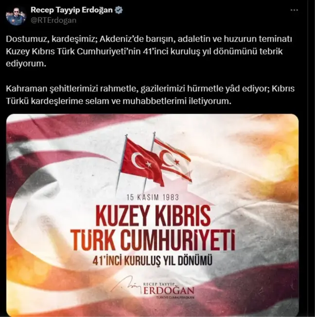 Cumhurbaşkanı Erdoğan, KKTC'nin kuruluş yıl dönümünü kutladı