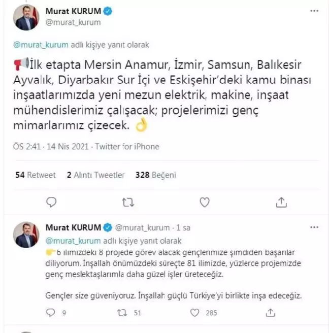 Bakan Kurum: 8 projede yeni mezun elektrik, makine ve inşaat mühendislerimiz çalışacak