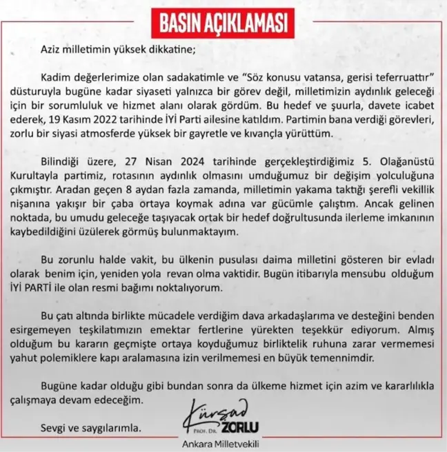 İYİ Parti Sözcüsü Kürşad Zorlu'dan İstifa Açıklaması