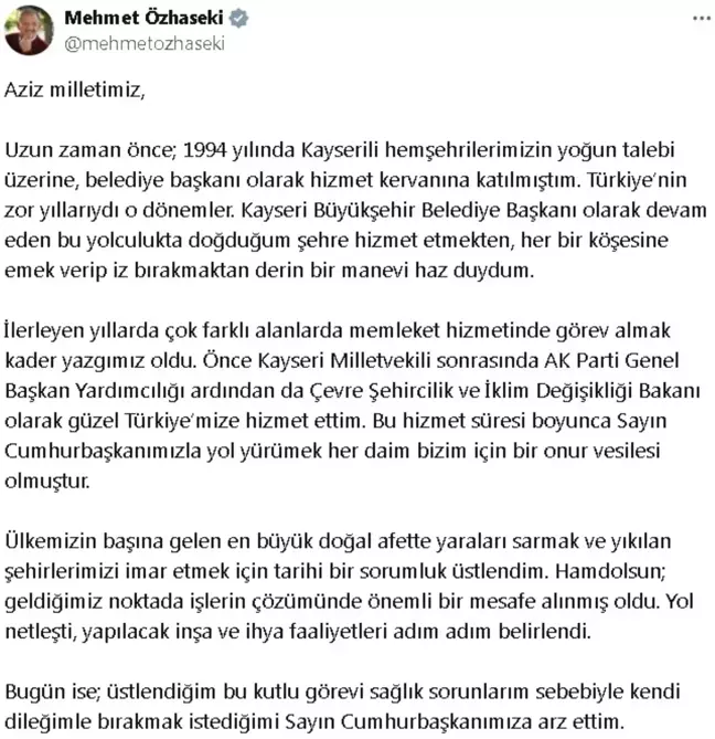 Çevre ve Şehircilik Bakanı Mehmet Özhaseki İstifa Etti