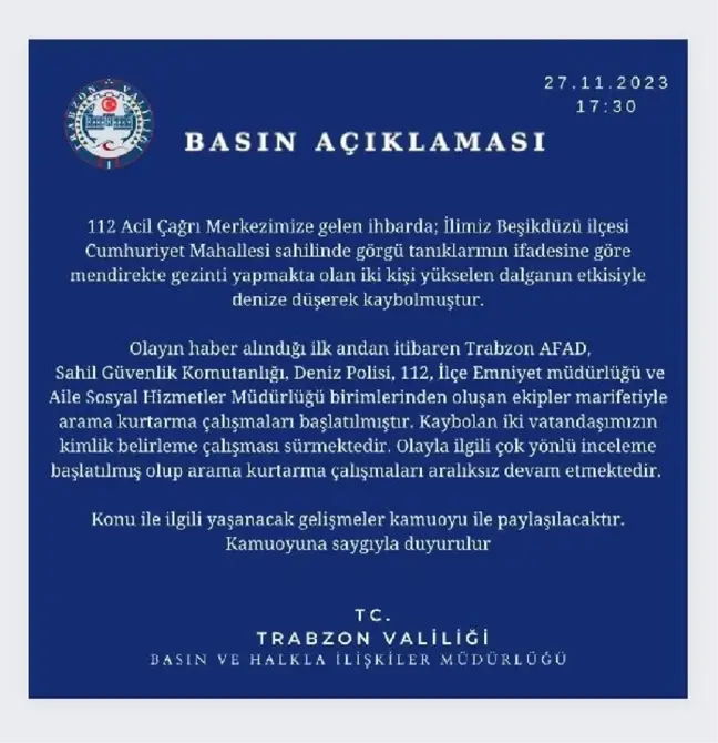 Trabzon'da denizde kaybolan 2 genç için arama kurtarma çalışmaları devam ediyor