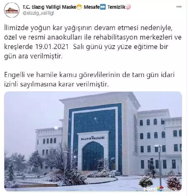 Elazığ'da kar nedeniyle yüz yüze eğitime bir gün ara verildi