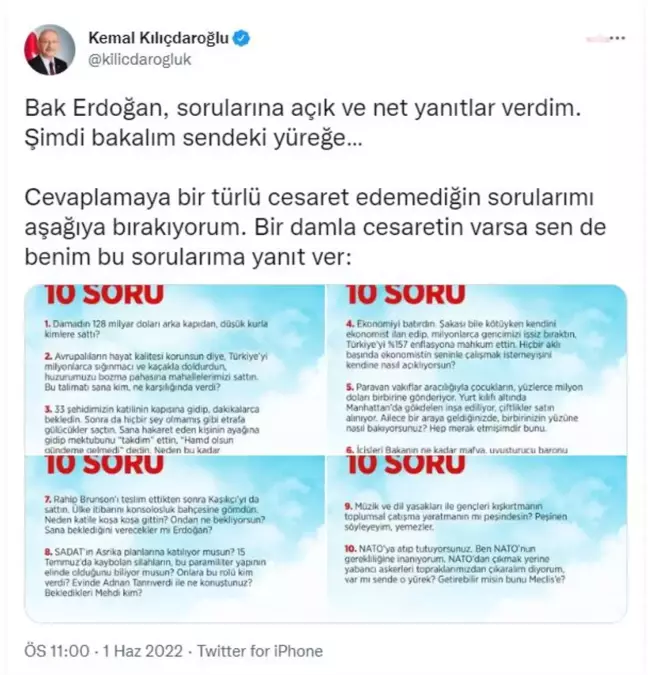 Kılıçdaroğlu'ndan Erdoğan'a 10 Soru: