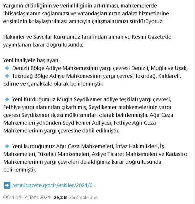 Adalet Bakanı Yılmaz Tunç, vatandaşların adalet hizmetlerine erişimini kolaylaştırmak için çalışmaların sürdüğünü açıkladı