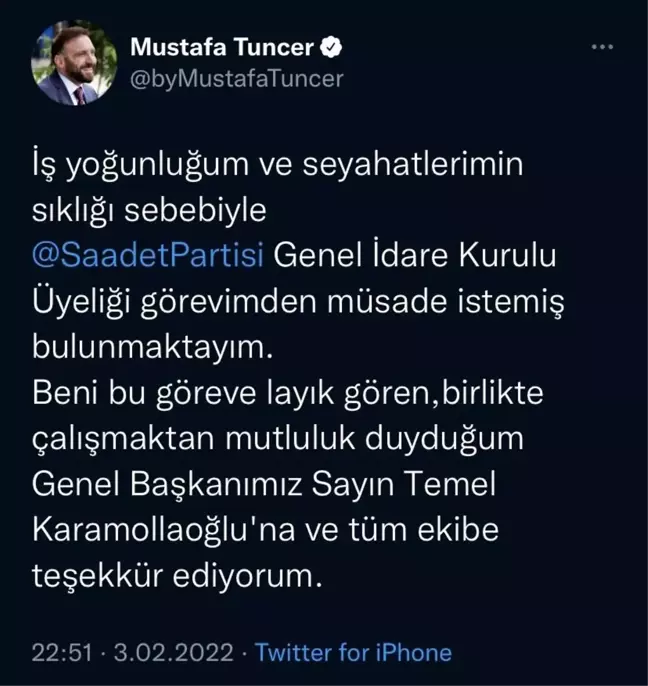 Saadet Partisi'nde istifa