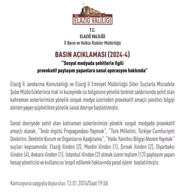 Elazığ'da Şehitler Üzerinden Provokatif Paylaşımlar Yapan 12 Hesap Tespit Edildi