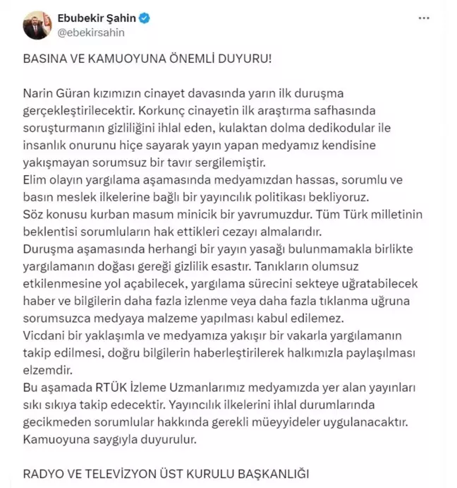 RTÜK Başkanı'ndan Narin Güran Cinayet Davası için Medyaya Uyarı