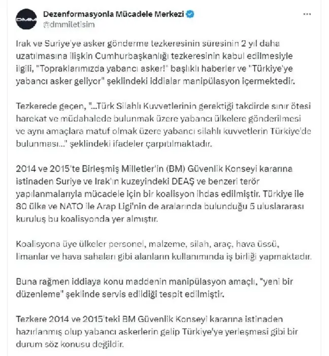 İLETİŞİM Başkanlığı: Irak ve Suriye'ye asker gönderme tezkeresiyle ilgili manipülasyon yapılmaktadır