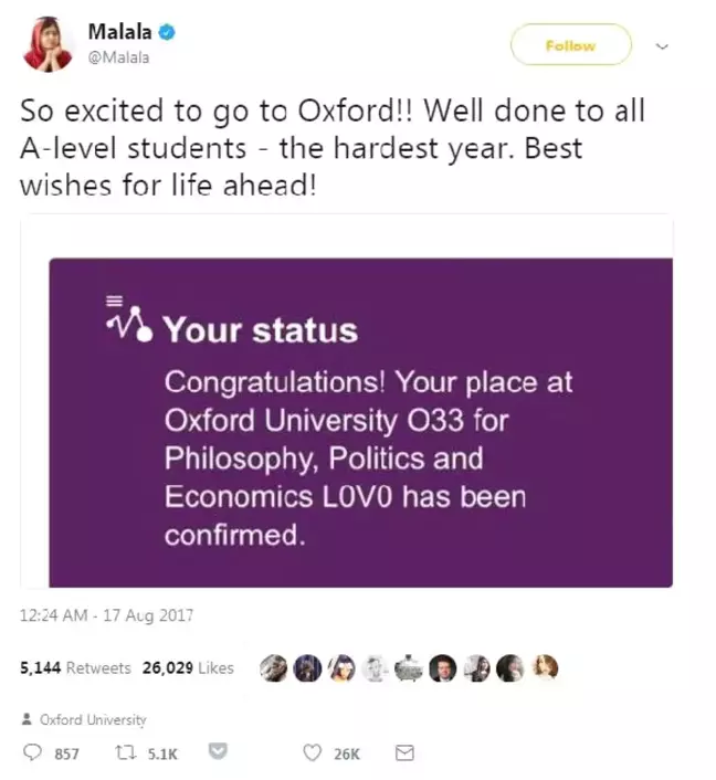 Eğitim Hakları Savunucusu Malala Yusufzay Oxford'a Kabul Edildi