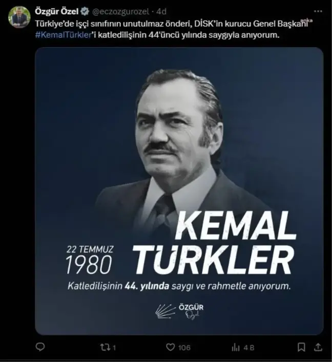 CHP Genel Başkanı Özgür Özel, Kemal Türkler'i anma paylaşımı yaptı