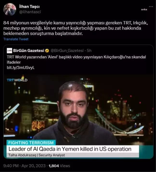 İlhan Taşcı: Trt, Irkçılık, Mezhep Ayrımcılığı, Kin ve Nefret Kışkırtıcılığı Yapan Bu Zat Hakkında Beklemeden Soruşturma Başlatmalıdır