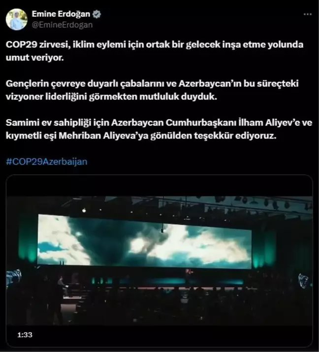 Emine Erdoğan'dan COP29'a ilişkin videolu paylaşım