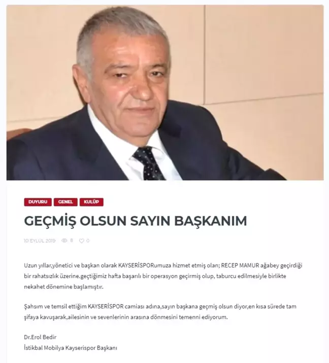 Kayserispor Başkanı Erol Bedir, Mamur için mesaj yayınladı