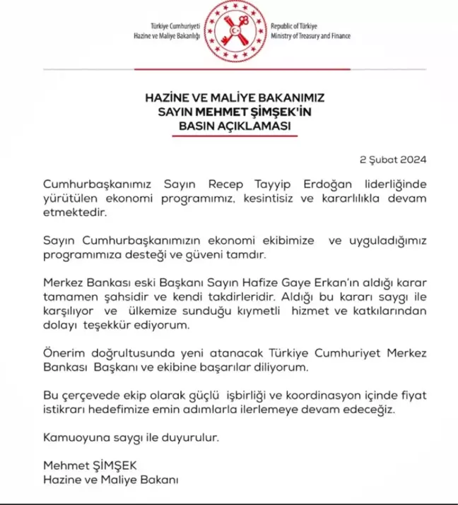 Hazine ve Maliye Bakanı Şimşek, Merkez Bankası Başkanı Erkan'ın affını şahsi kararı olarak değerlendirdi