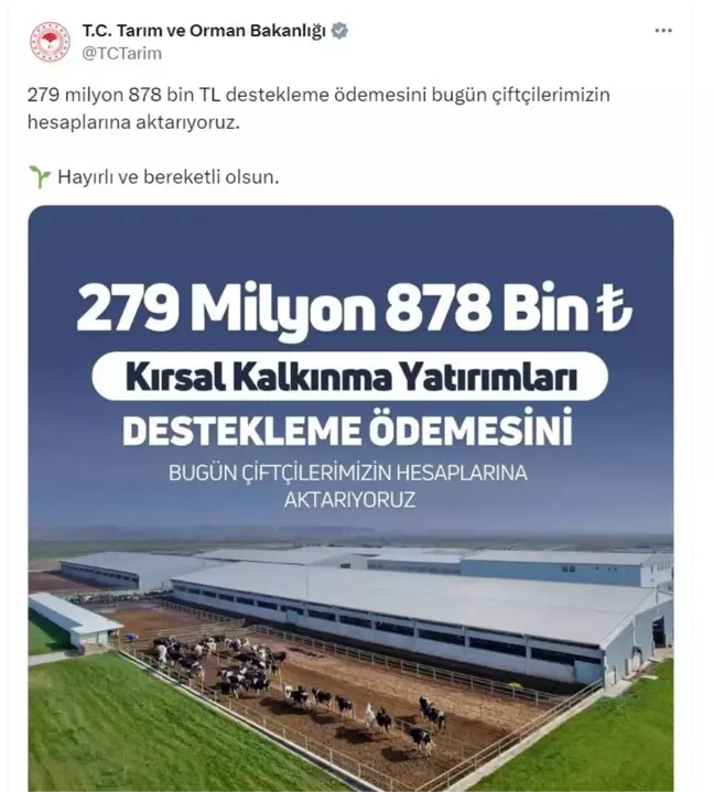 Bakanlık Çiftçilere 279 Milyon TL Destek Ödemesi Yaptı