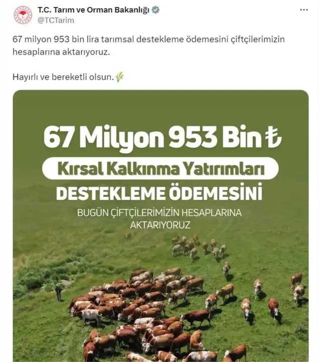 Çiftçilere 67 Milyon Lira Tarımsal Destekleme Ödemesi Yapıldı