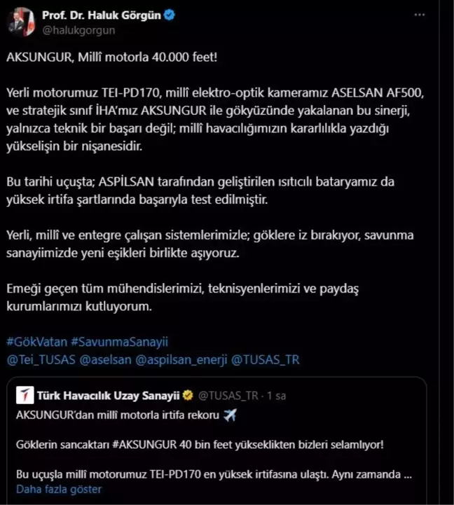 Milli Havacılıkta Tarihi Başarı: Aksungur İHA'sı Yerli Motorla Uçtu