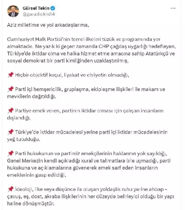 Gürsel Tekin CHP'den istifa etti