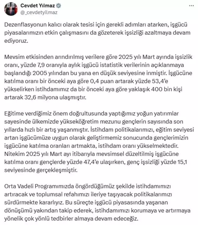Cumhurbaşkanı Yardımcısı Yılmaz'dan İstihdam Açıklaması