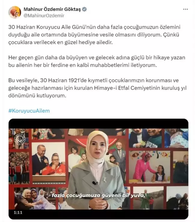 AİLE ve Sosyal Hizmetler Bakanı Mahinur Özdemir Göktaş'tan Koruyucu Aile Günü mesajı