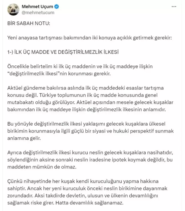 Yeni Anayasa Tartışmalarında Değiştirilmezlik İlkesi Vurgusu