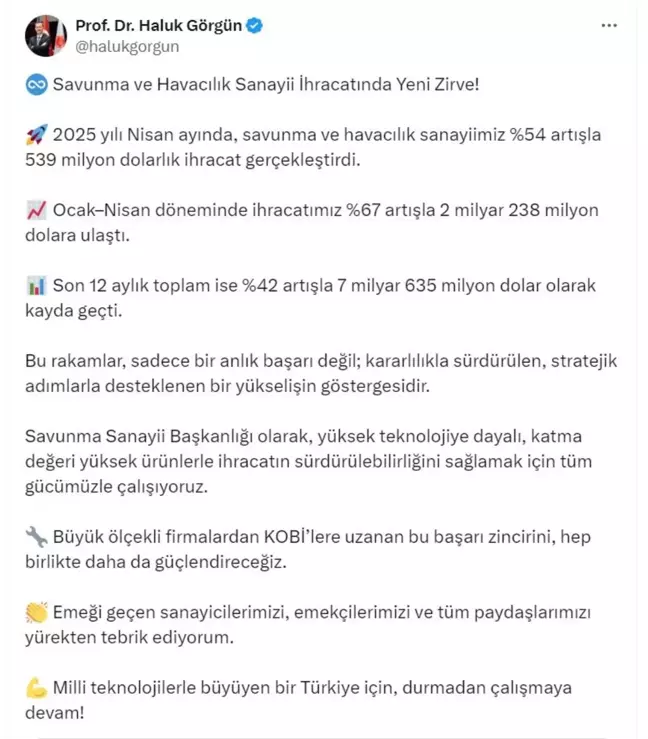 Savunma ve Havacılık Sanayi İhracatı Nisan Ayında Yüzde 54 Arttı