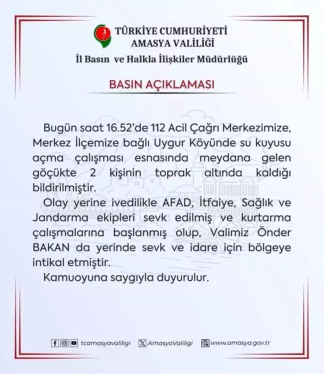 Amasya'da Su Kuyusu Açma Çalışmasında Göçük: 2 Kişi Toprak Altında Kaldı