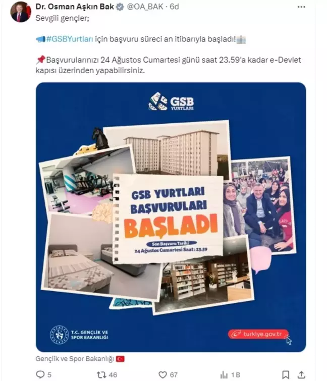 Gençlik ve Spor Bakanlığı'na Yurt Başvuruları Başladı