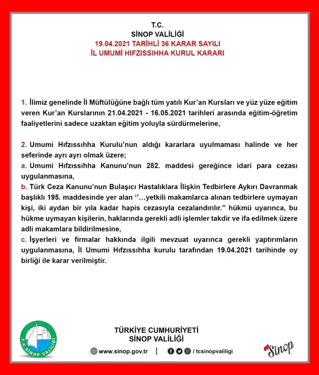 Sinop'ta Kur'an kurslarına yüz yüze eğitim kısıtlaması