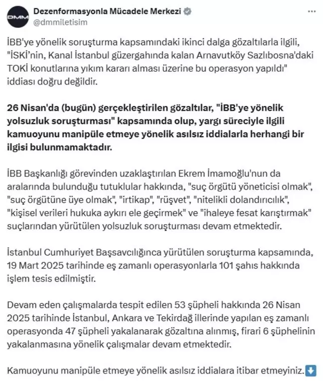 DMM'den İBB Gözaltıları Açıklaması: Asılsız İddialara İtibar Edilmeyin