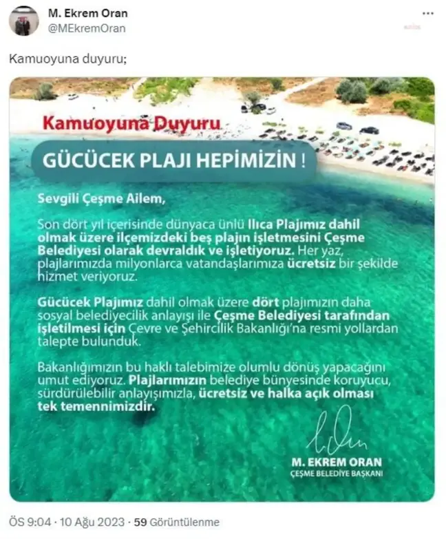 Çeşme Belediyesi Gücücek Plajı'nın işletmesini devralmak istiyor