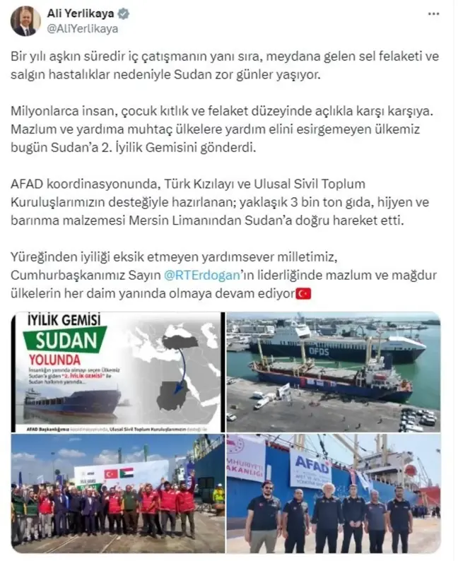 Türkiye, Sudan'a 2'nci İyilik Gemisi'ni Gönderdi