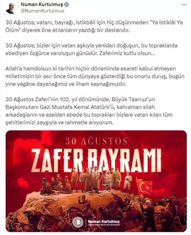 TBMM Başkanı Numan Kurtulmuş, 30 Ağustos Zafer Bayramı'nı kutladı