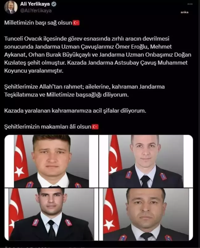 Ovacık'ta Askeri Araç Kazasında 4 Asker Şehit Oldu