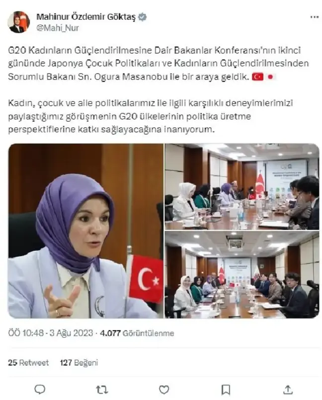 AİLE ve Sosyal Hizmetler Bakanı Mahinur Özdemir Göktaş, Japonya Çocuk Politikaları ve Kadınların Güçlendirilmesinden Sorumlu Bakan Ogura Masanobu ile görüştü