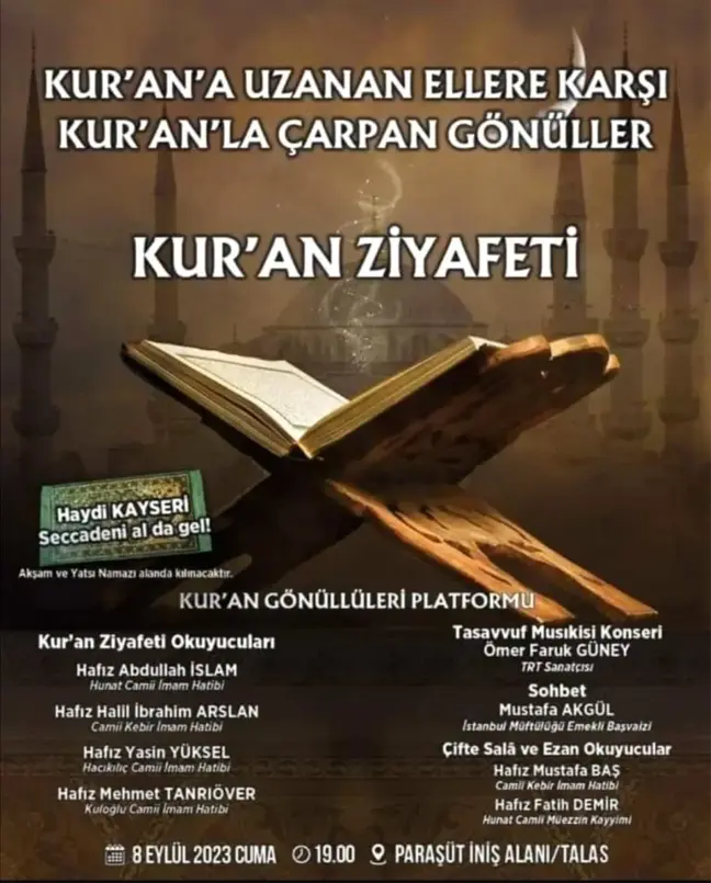 Kur'an Gönüllüleri Platformu Kur'an Ziyafeti Programıyla Kayseri halkının karşısına çıkıyor