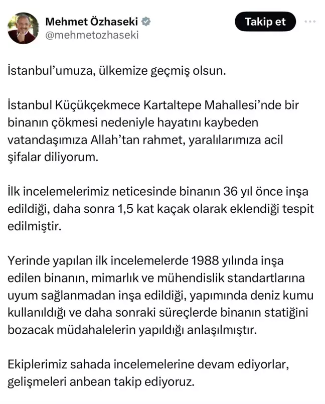 Küçükçekmece'de çöken binayla ilgili Bakan Özhaseki'den açıklama