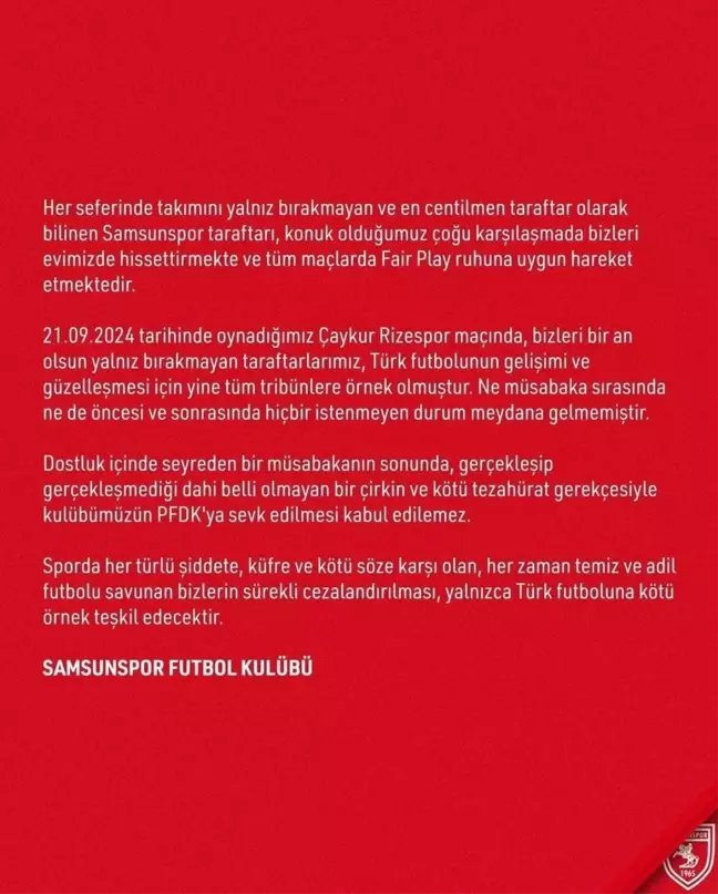 Samsunspor, Çirkin Tezahürat Nedeniyle PFDK'ya Sevk Edilmesine Tepki Gösterdi