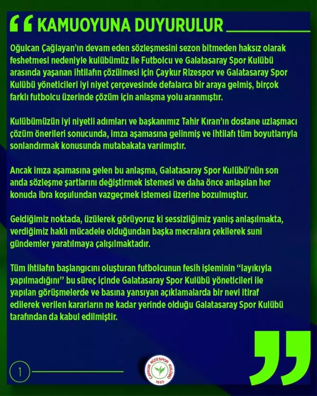 Çaykur Rizespor'dan Oğulcan Çağlayan açıklaması Açıklaması