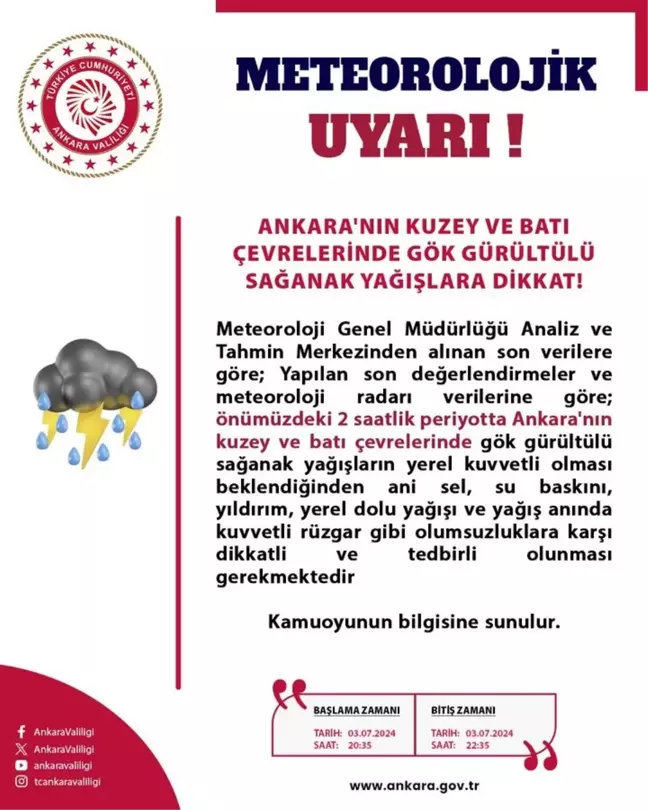 Ankara Valiliği'nden Kuvvetli Yağış Uyarısı