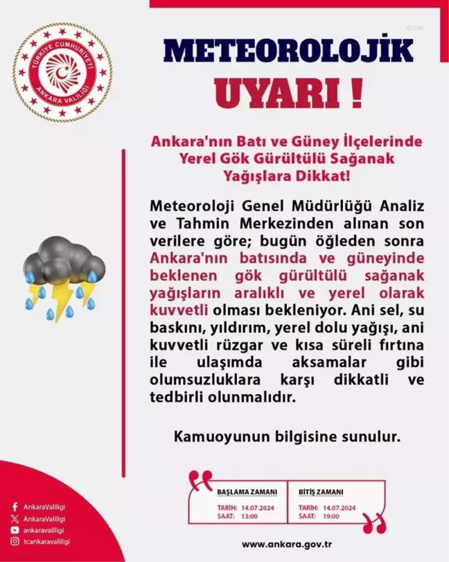 Ankara'da Kuvvetli Sağanak Yağış Uyarısı