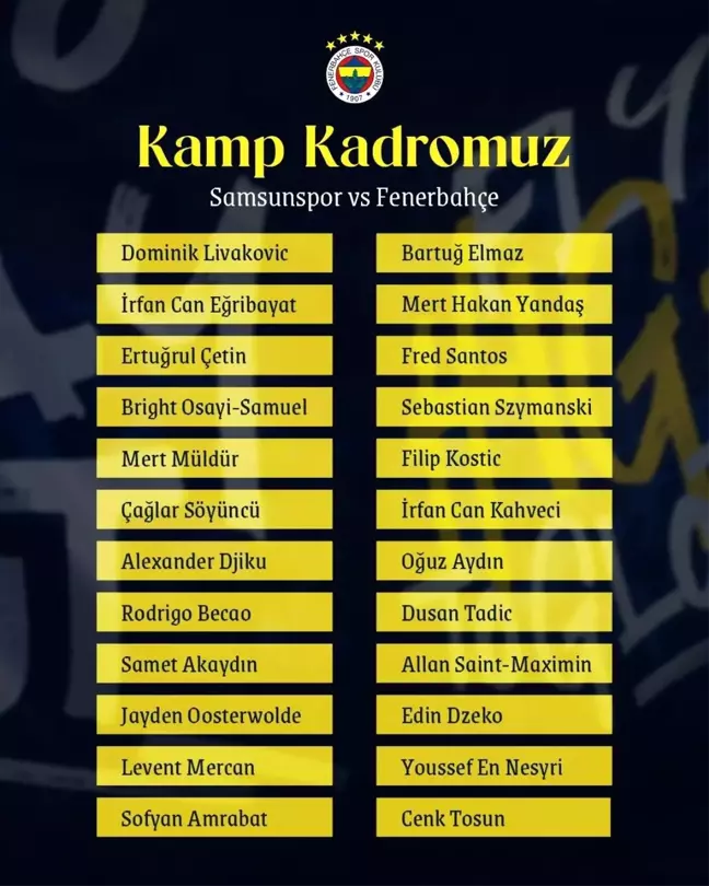 Fenerbahçe'nin Samsunspor Maçına Eksik Kadro ile Çıkacağı Açıklandı