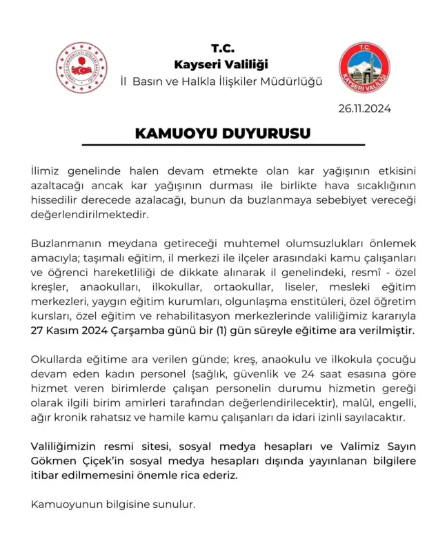 Kayseri'de Okullar Yarın Tatil Edildi