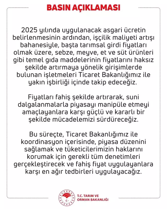 Tarım ve Orman Bakanlığı'ndan Fahiş Fiyat Artışlarına Karşı Uyarı