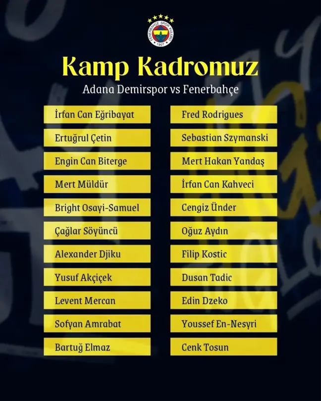 Fenerbahçe'nin Adana Demirspor Maç Kadrosu Belli Oldu