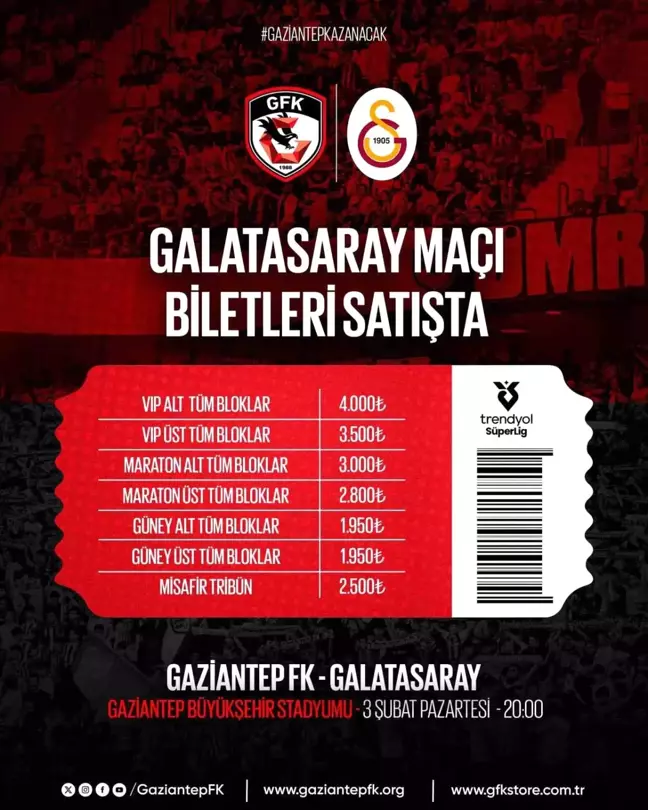 Gaziantep FK - Galatasaray Maçının Biletleri Satışta