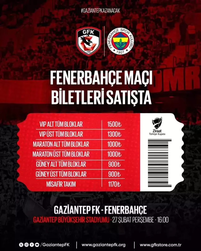 Gaziantep FK ile Fenerbahçe Maçının Biletleri Satışta