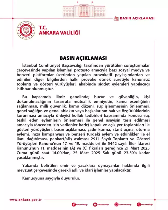 Ankara'da Tüm Eylem ve Etkinlikler 21-25 Mart Tarihleri Arasında Yasaklandı