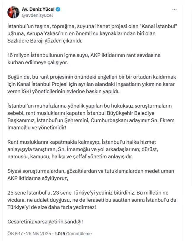 CHP Sözcüsü Yücel: Kanal İstanbul Projesi İstanbul'un Su Kaynaklarını Tehdit Ediyor