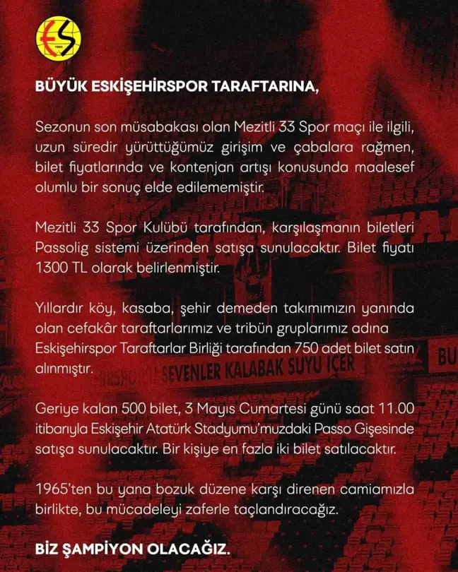 Eskişehirspor, Mezitli Maçı İçin Taraftar Kontenjanını Artıramadı